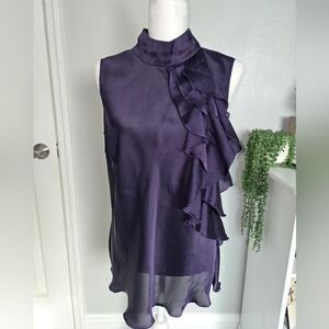 Kenar Size L Deep Purple Ruffle Sleeveless Blouse - Satin Finish Mock Neck